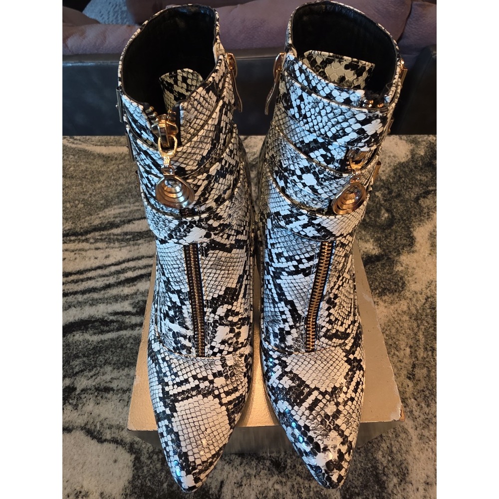 IDIFU Women's Dana Snakeskin Print Ankle Boots Zipper Buckle Stiletto Size 7.5